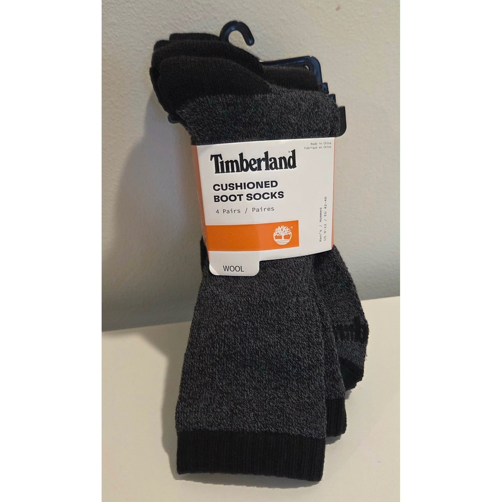 Timberland Mens Cushioned Boot Socks 4 Pairs Wool Blend Black Size 9-12 NEW